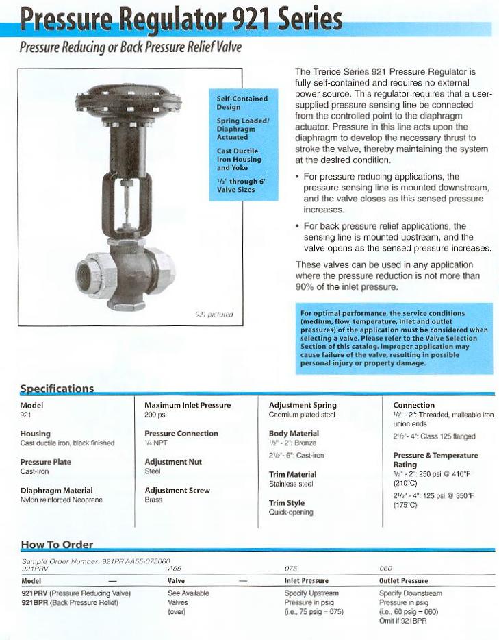 Trerice Pressure Regulator Product Specifications