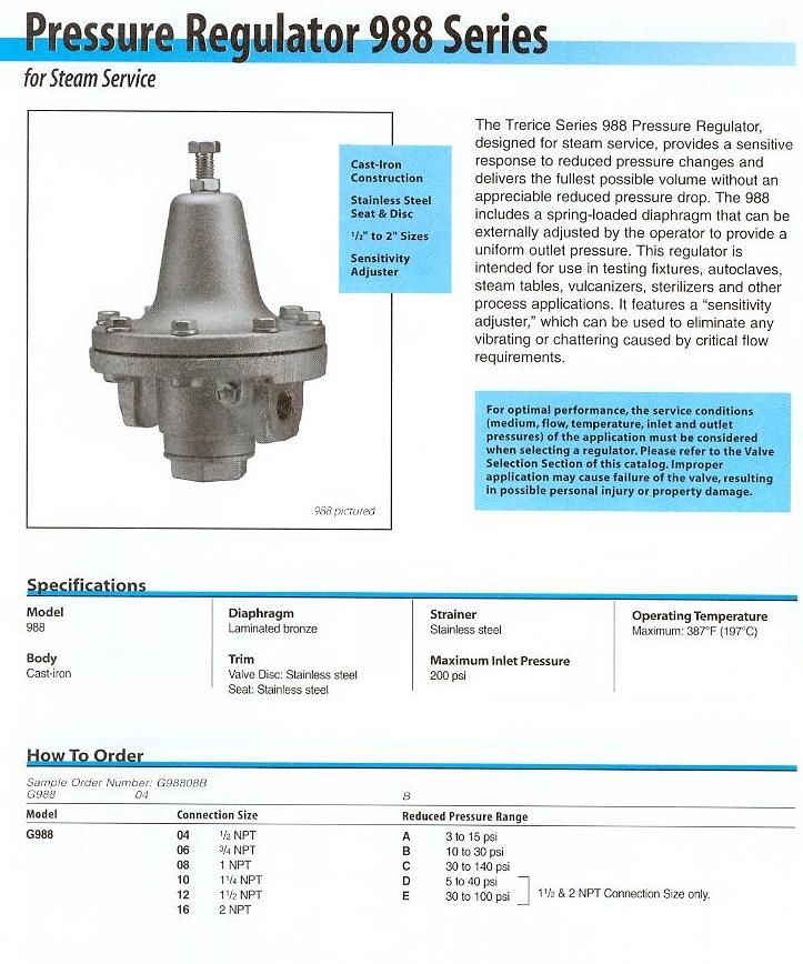 Trerice Pressure Regulator Product Specifications